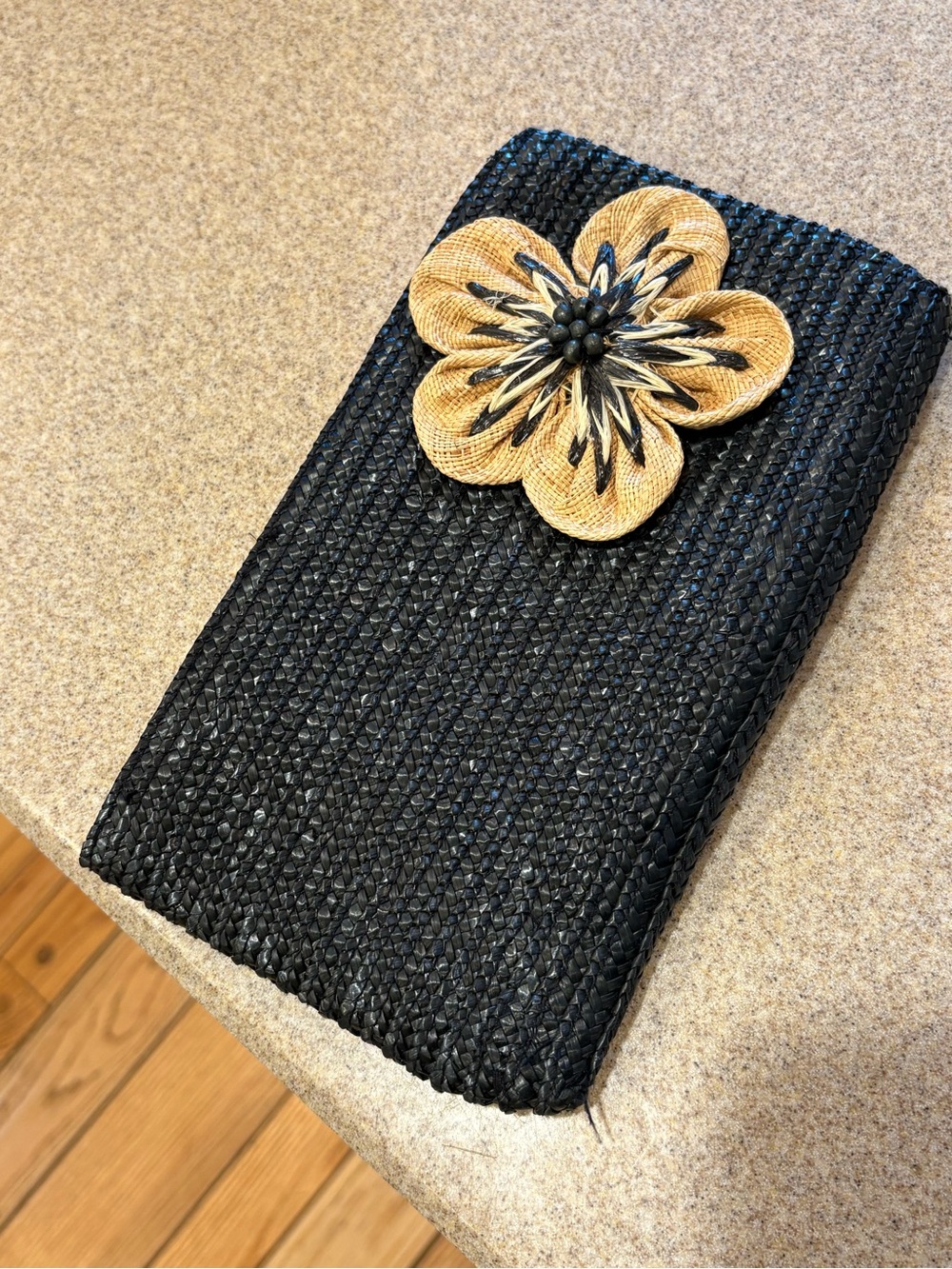Coldwater Creek Black Woven Floral Handbag Clutch with Zipper Pocket